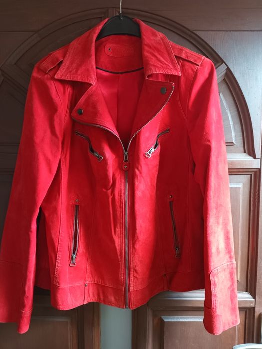 Damska ramoneska czerwona skóra naturalna nubuk zamsz xxl