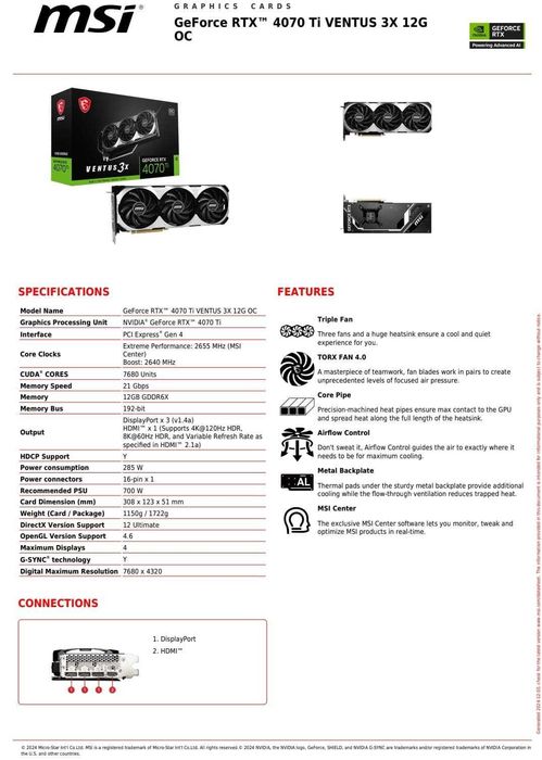 GPU Nvidia RTX 4070 TI, 12GB, MSI Ventus 3X OC