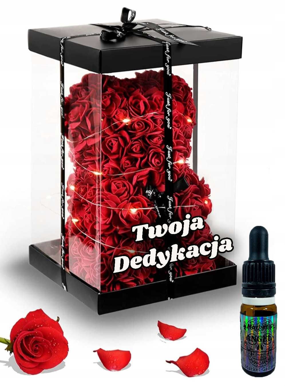 Duży MIŚ z róż WALENTYNKI Czerwony LED + Dedykacja