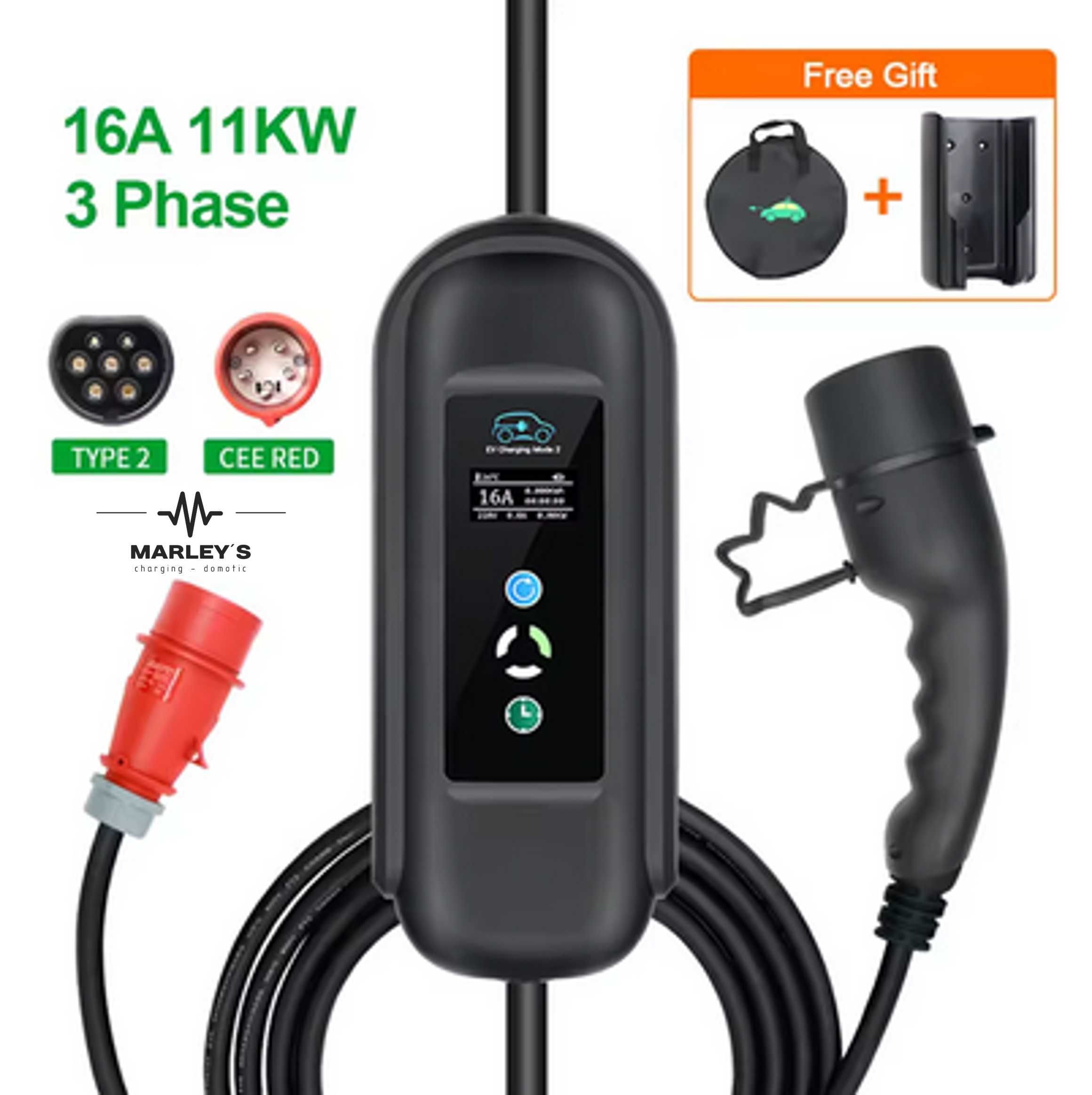 Carregador Portátil  11 kw - 16A -Tipo 2 - C/ Suporte Parede