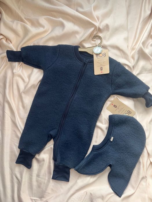 Granatowy kombinezon i kominiarka z wełny merino rozm 62