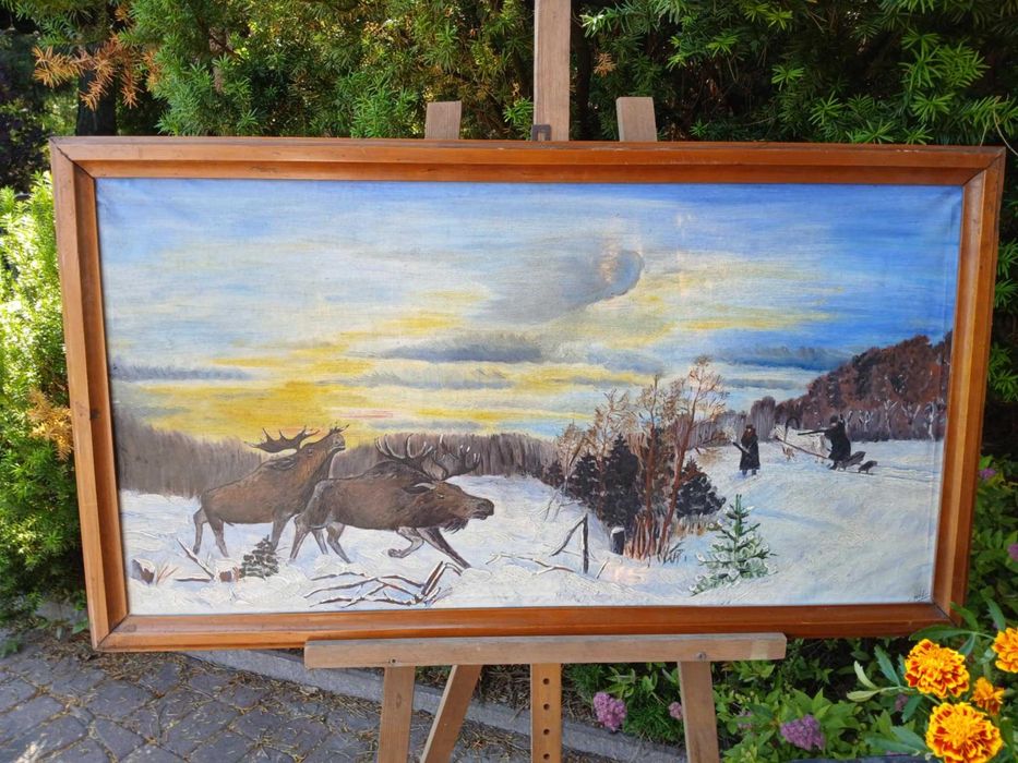 Obraz ręcznie malowany, stary Łosie, scenka na śniegu, polowanie 93x52