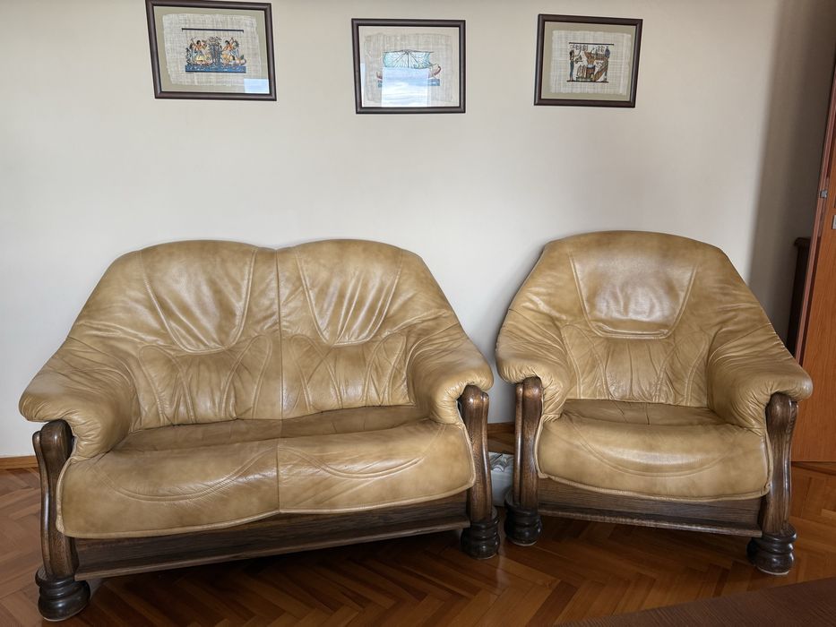 Skorzany komplet wypoczynkowy 3+2+1