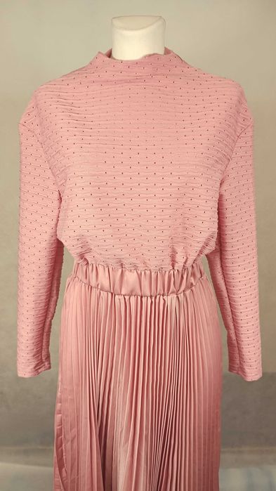 piękna asymetryczna plisowana długa sukienka S ażurowa wesele święta