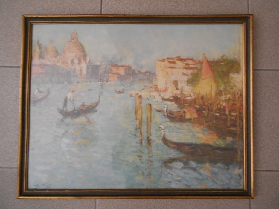 Bonito quadro com vidro de paisagem veneziana - Reprod. (76 x 59 cm).