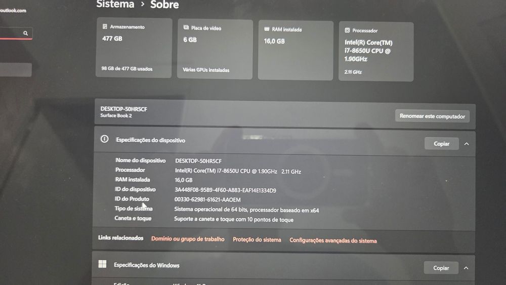 Surface book 2 i7 16gb 512gb 15 pol