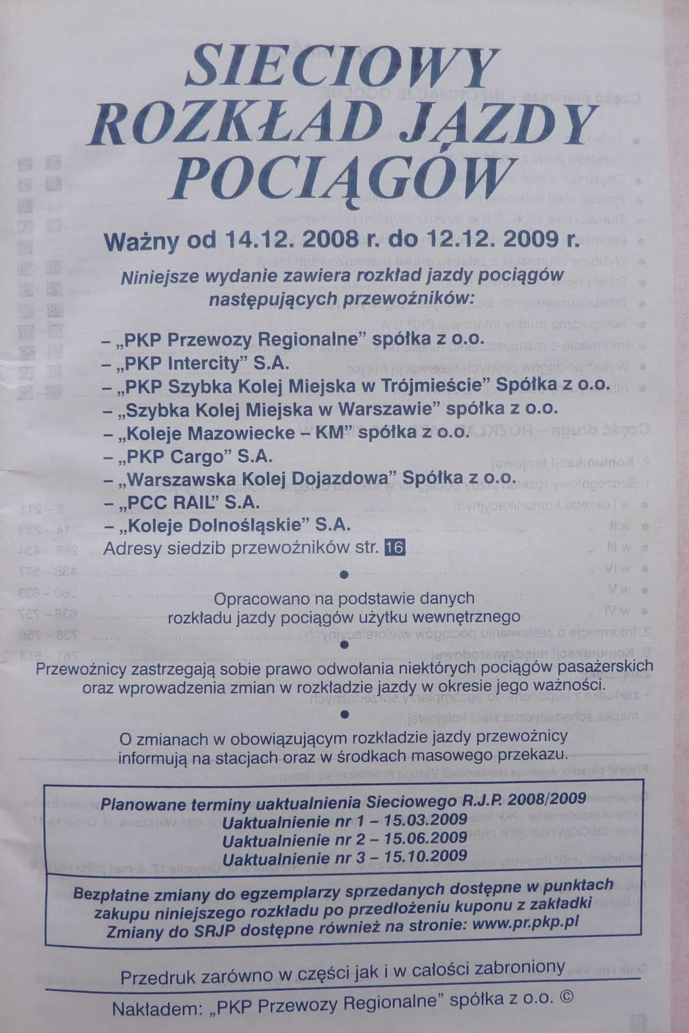 sieciowy rozkład jazdy pociągów 2008 - 2009 + mapa sieci kolejowej PKP