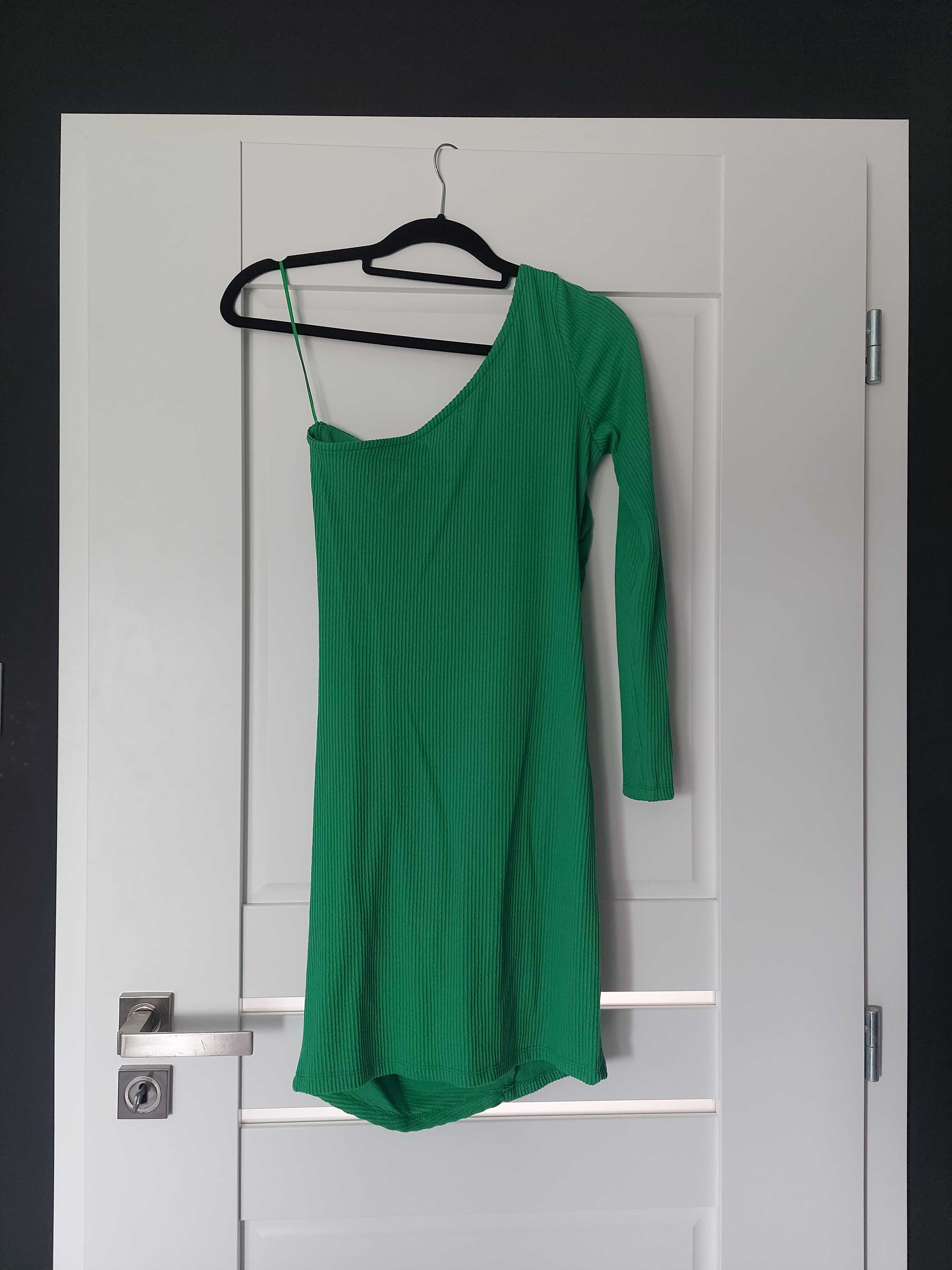 NOWA Z METKĄ zielona sukienka mini na jedno ramię Sinsay 36 S