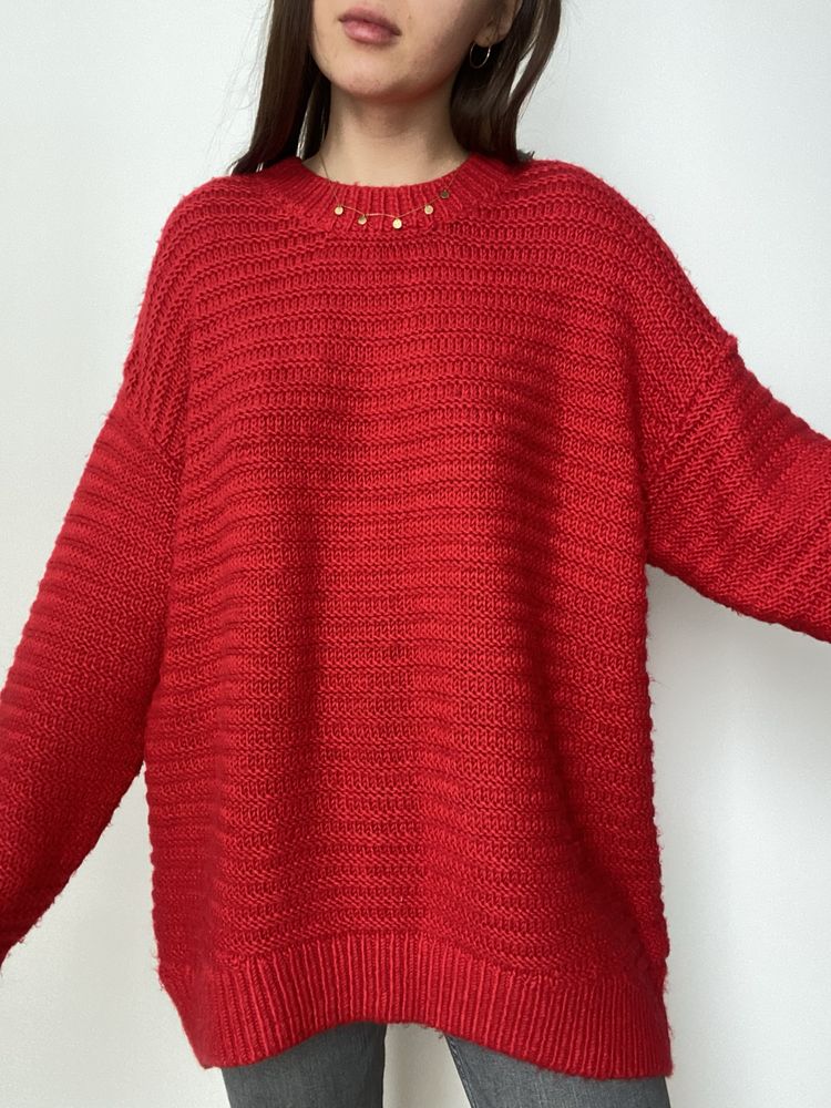 Czerwony sweter z domieszką wełny oversize długi rękaw H&M 38 M