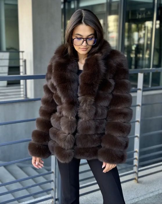 Полушубок женский из натурального меха песца Коричневый