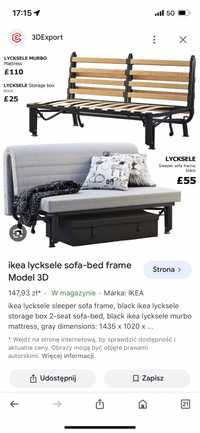 Kanapa sofa Ikea lycksele łóżko materac