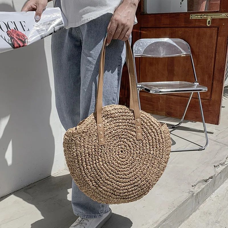 Nowa brązowa słomiana duża okrągła pleciona torebka boho etno plażowa