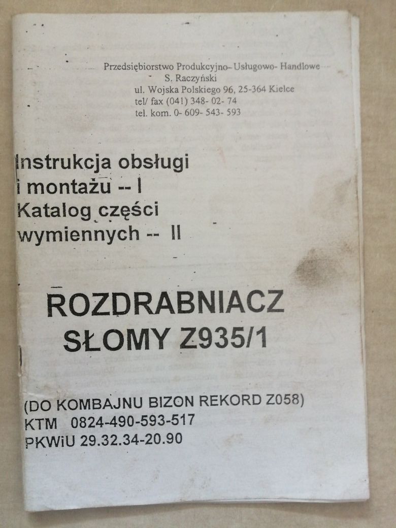 Instrukcja katalog rozdrabniacz słomy Bizon Rekord Z058