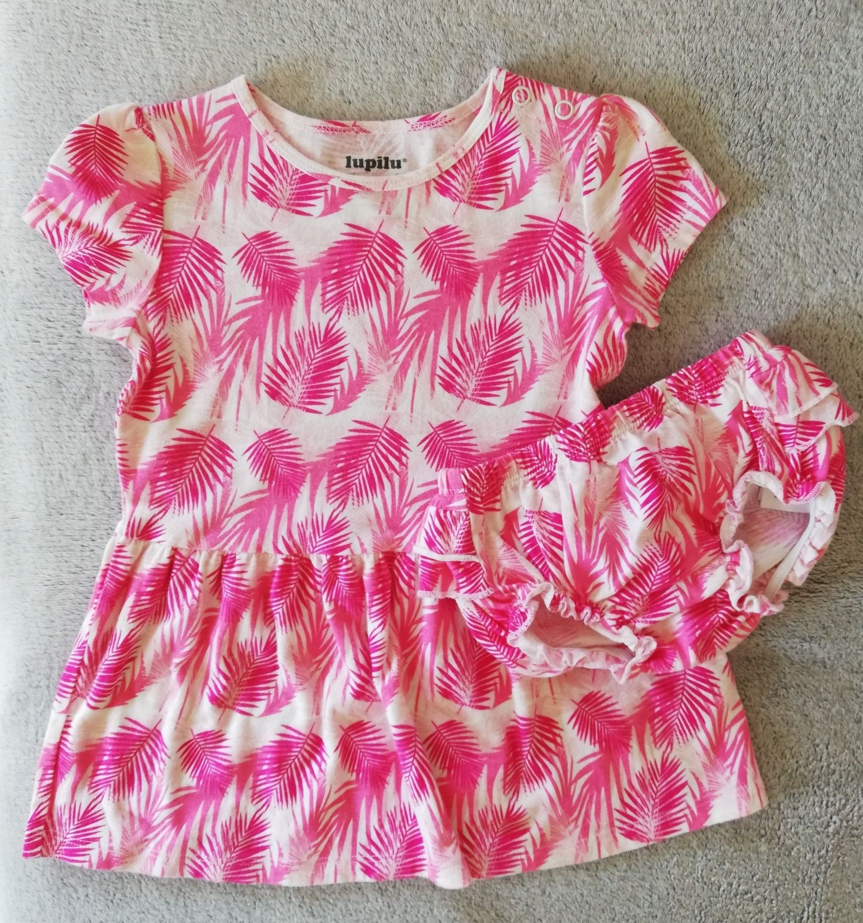 Lupilu komplet sukienka z majtkami bawełna różowe liście 86/92