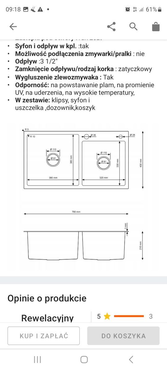 Zlew  stalowy inox 78cmx43cm plus syfon