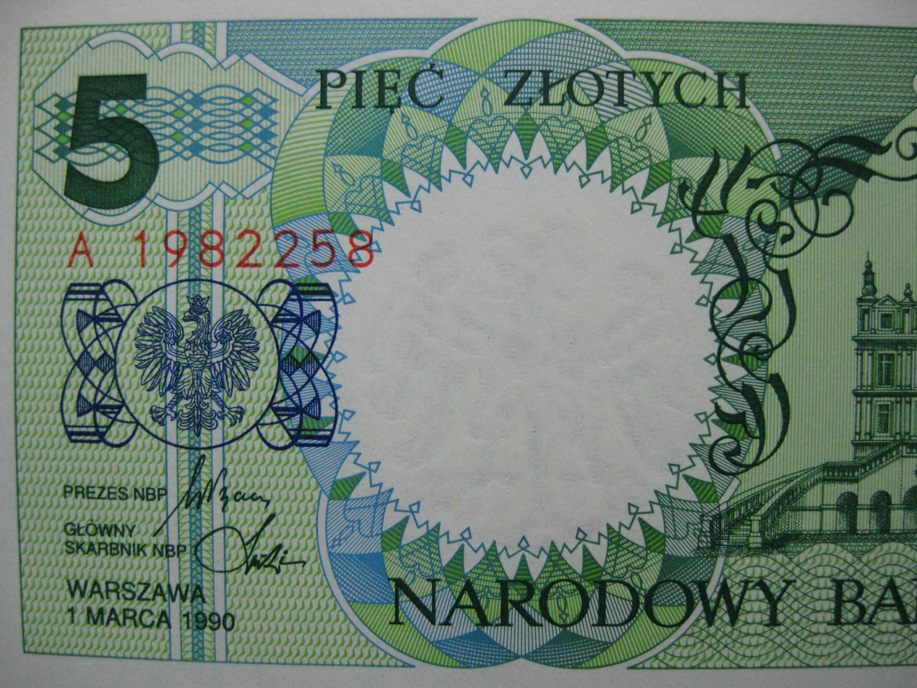 Banknot NBP MIATA POLSKIE pięć złotych 5 zł Zamość 1990 rok ser. A UNC