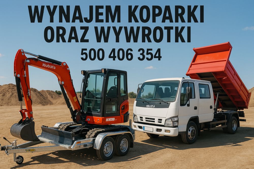Wynajem mini koparki kubota bobcat przyczepka laweta