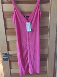 Różowa prążkowana sukienka midi na ramiączkach guziczki dekolt v xl