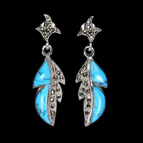 Серьги с марказитом и бирюзой серебро 925 пробы