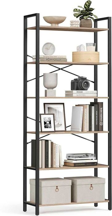 Nowy 6-poziomowy regał na książki ze stalową ramą. 30 x 80 x 186 cm