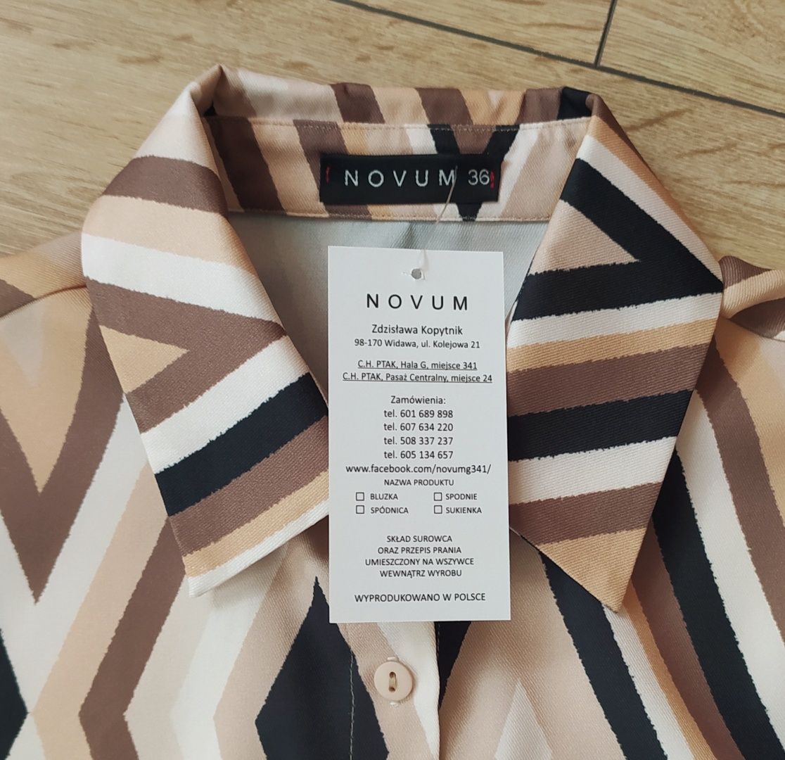 Koszula bluzka elegancka wzór print 36/38 NOVUM beż brąz długi rękaw