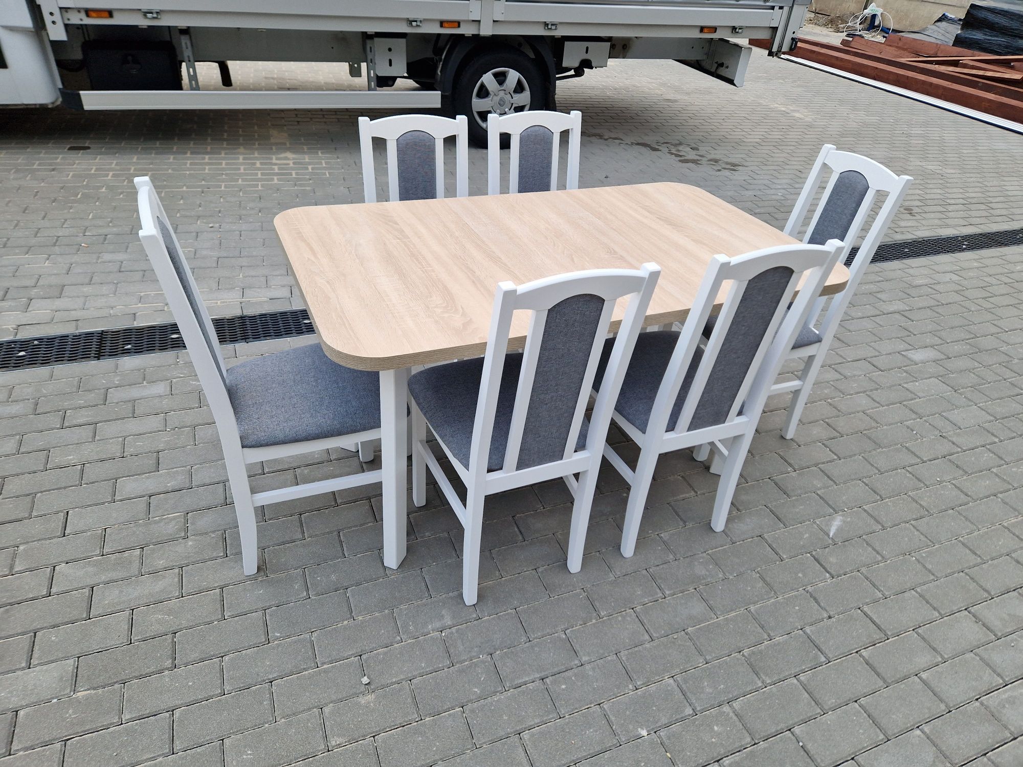 Nowe: Stół 80x140/180 + 6 krzeseł, biały/sonoma + szary, dostawa PL