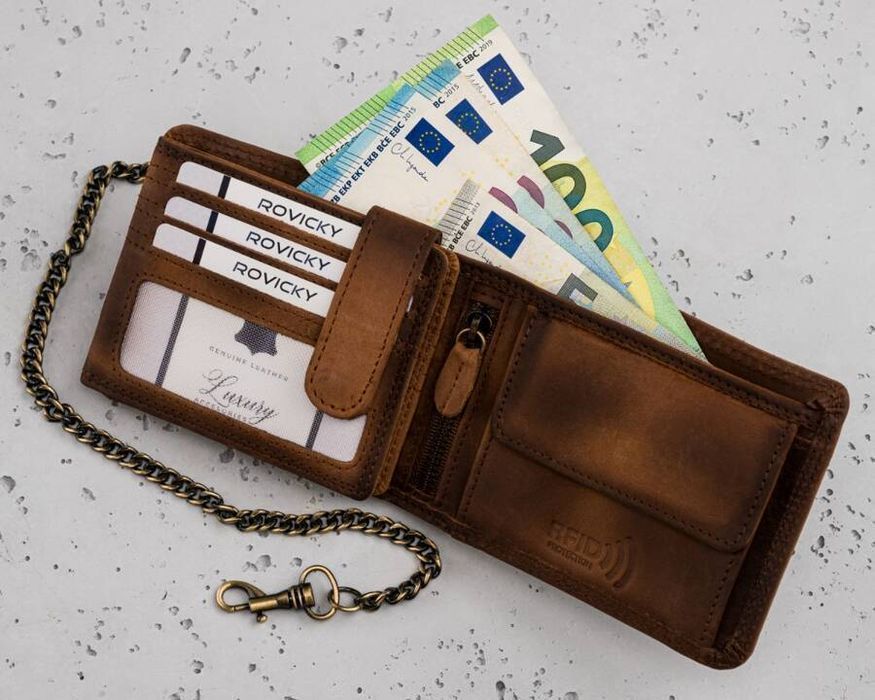 Duży, Skórzany Portfel Męski Z Łańcuszkiem