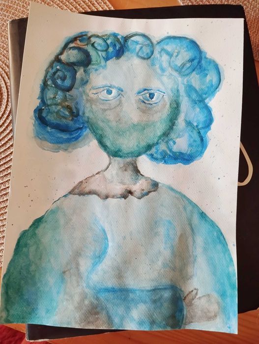Obraz autorska postać w niebieskościach akwarela