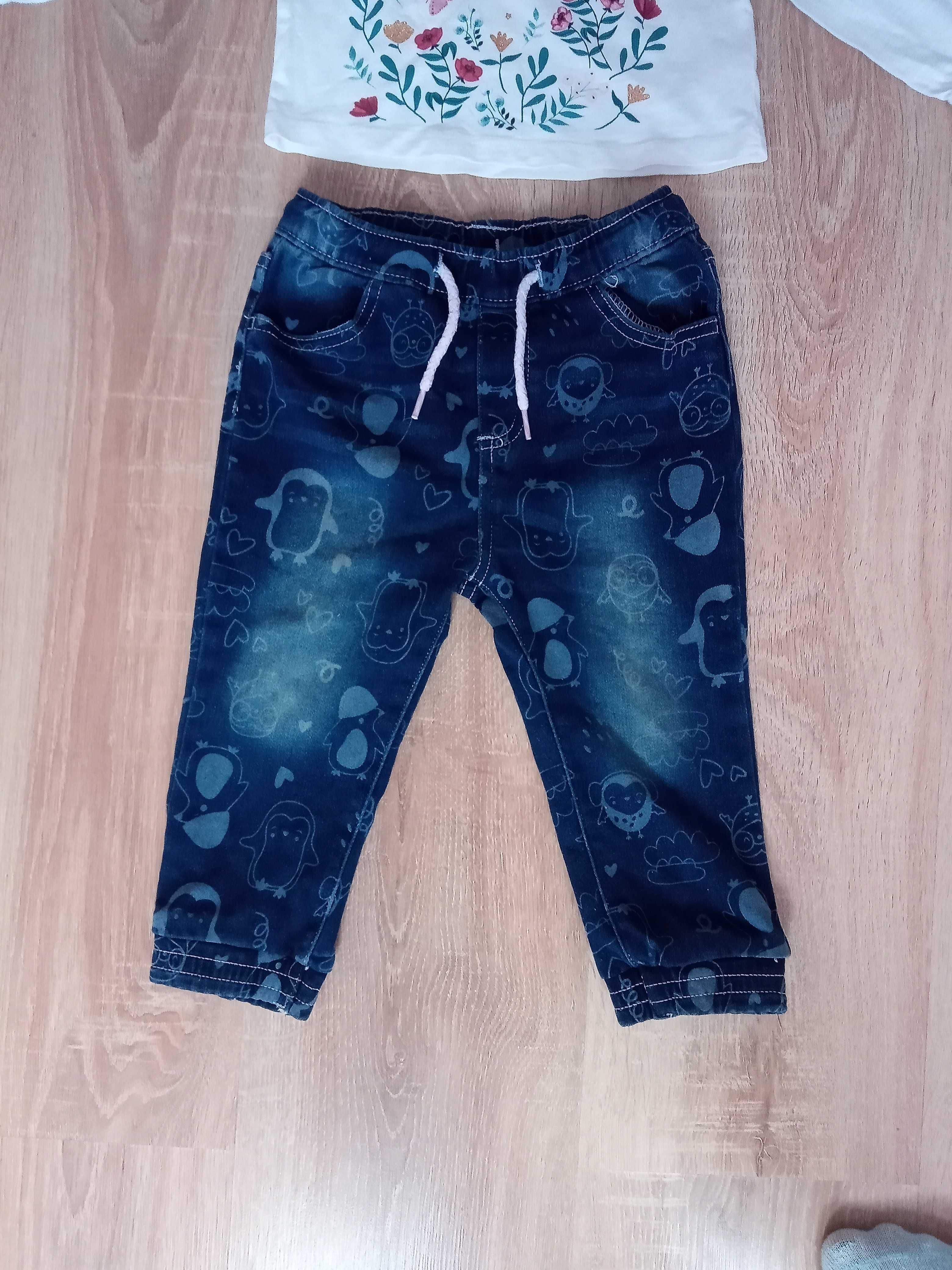 2 zestawy spodnie jeansowe+bluza/bluzka 86