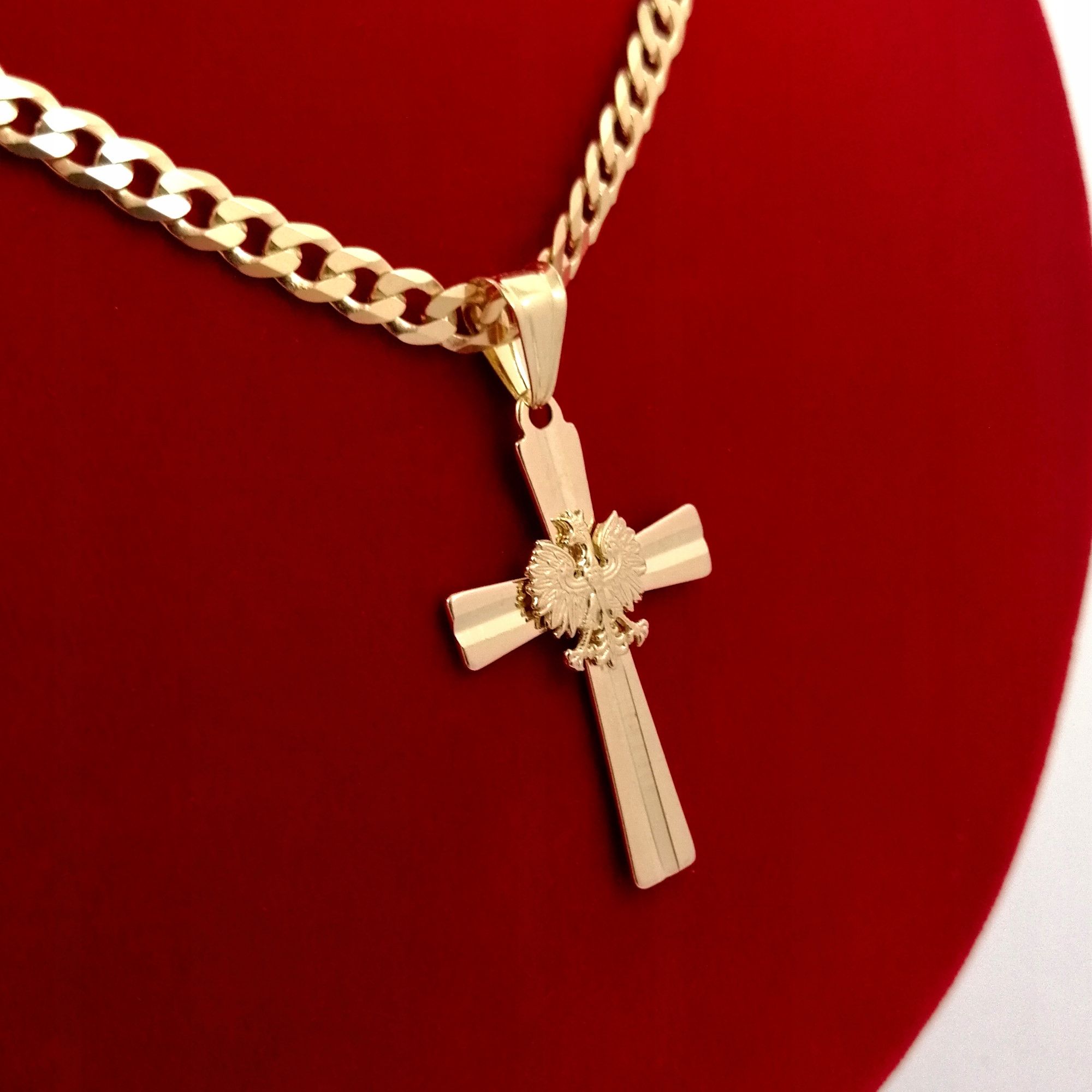 Złoty Długi Łańcuszek Pancerka 65 Cm + Zawieszka Krzyżyk Krzyż Z Orłem