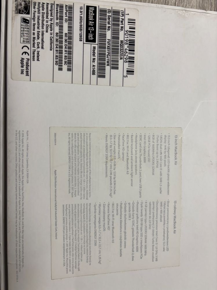 Macbook Air 13 A1466 i5/8GB128SSD Halogsm Piotrkowska 19