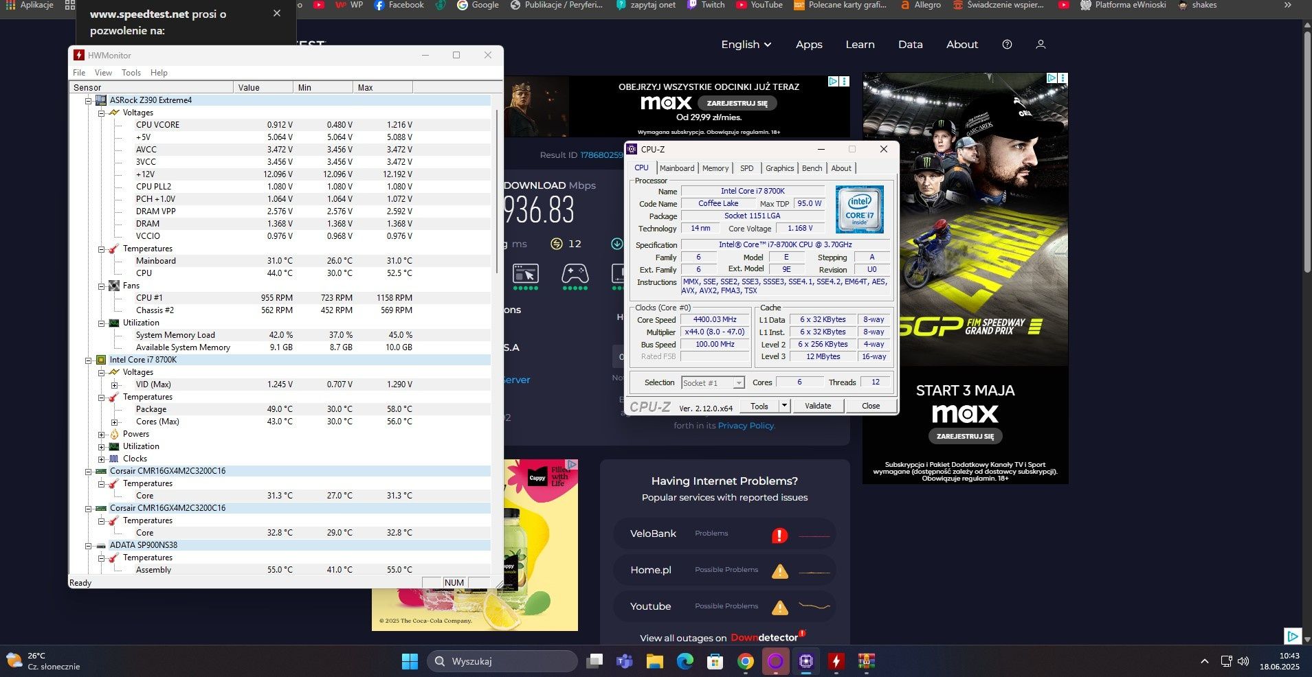 Intel i7 8700k i asrock z390 extreme4 corsair ddr 16gb windows11
