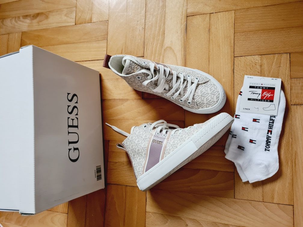 Buty Guess trampki za kostkę skórzane logowane 35