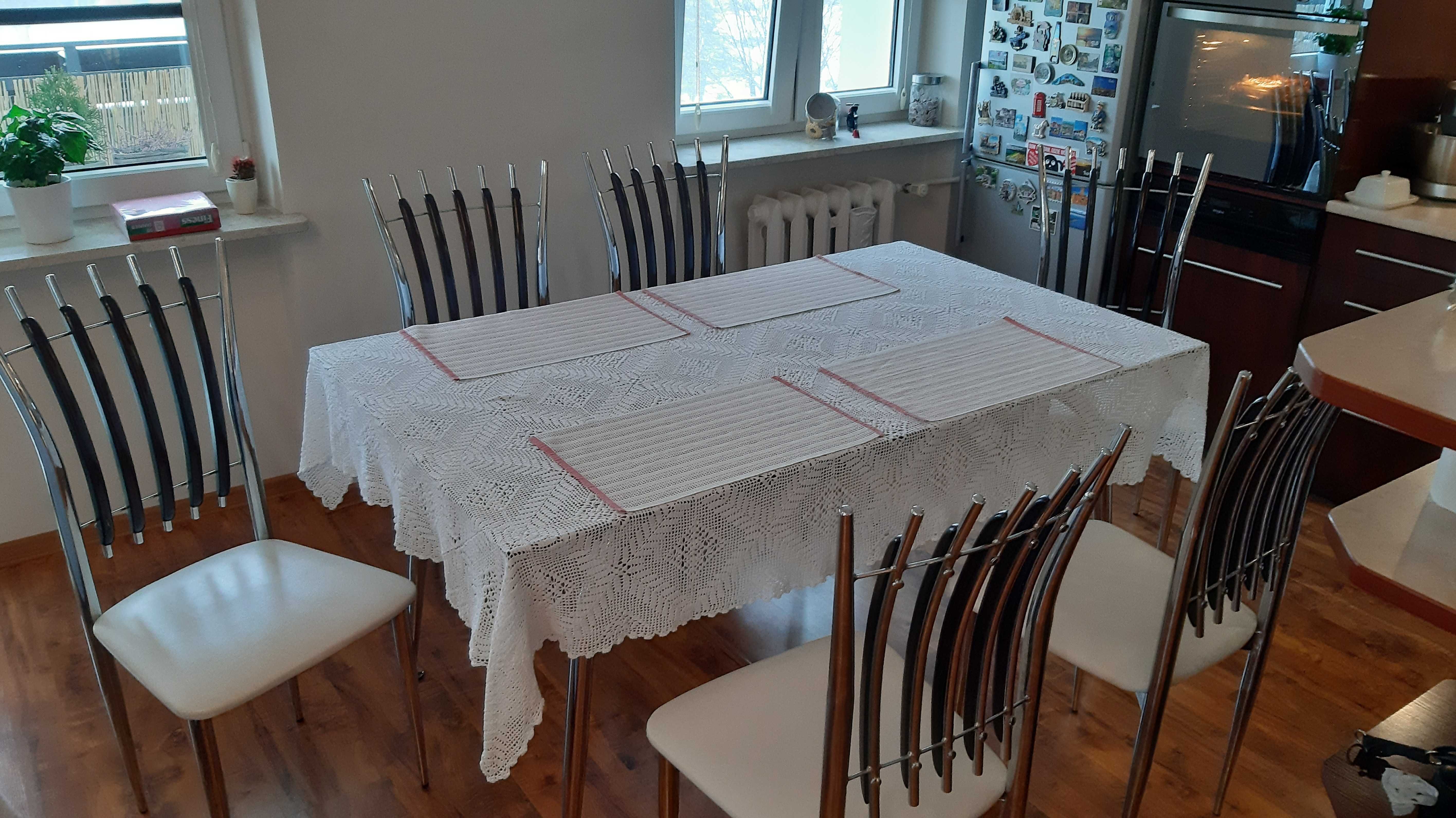 Stół do jadalni szklany, krzesła 6, stolik kawowy chromowany szklany