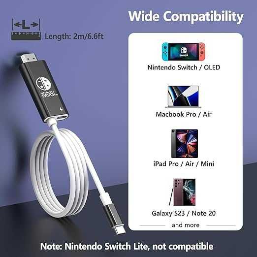 Kabel USB C do HDMI do Nintendo Switch/OLED, kabel 3 w 1 z PD 100 W