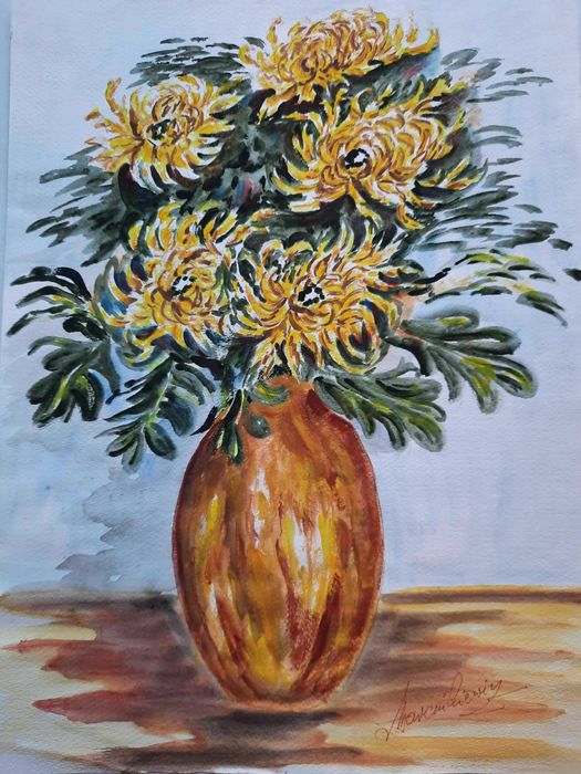 Kwiaty w wazonie Akwarela sygnowana Martwa natura
