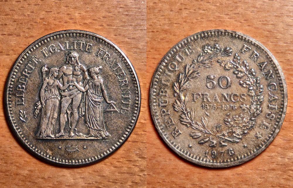 Moeda de Prata de 50 Francos francesa ("Hércules") de 1976