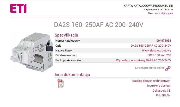 ETI Wyzwalacz Wzrostowy DA2S 160-250AF AC 200-240V Wyprzedaż - 60%