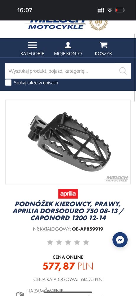 Podnóżki Kierowcy P/L APRILIA DORSODURO 750 CAPONORD 1200 M555