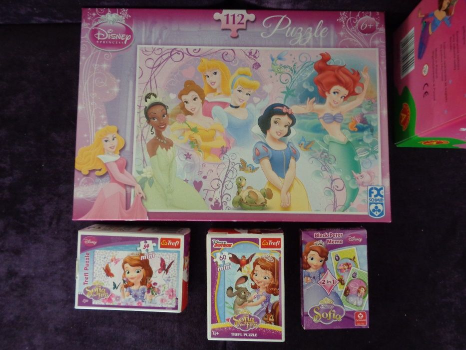 zestaw Disney Księżniczki puzzle karty piotruś Sofia TREFL 4+ i gratis