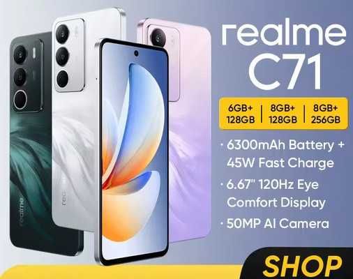 Realme C71, Unisoc 7520, 120Hz, IPS, 8/256Gb, 6300mA, 45W, NFC+ чохол