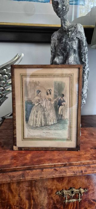 Antyk stara litografia druk modowy Paryż 1844 Francja glamour