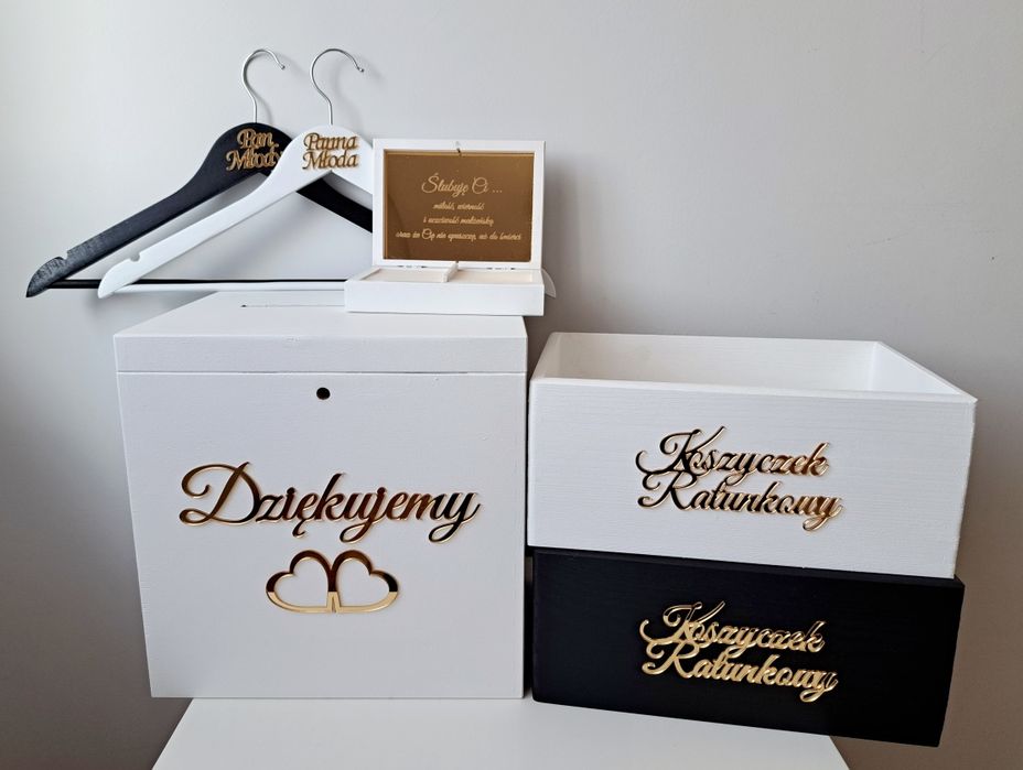 Duże pudełko na koperty obrączki wieszaki ślubne koszyczki ratunkowe