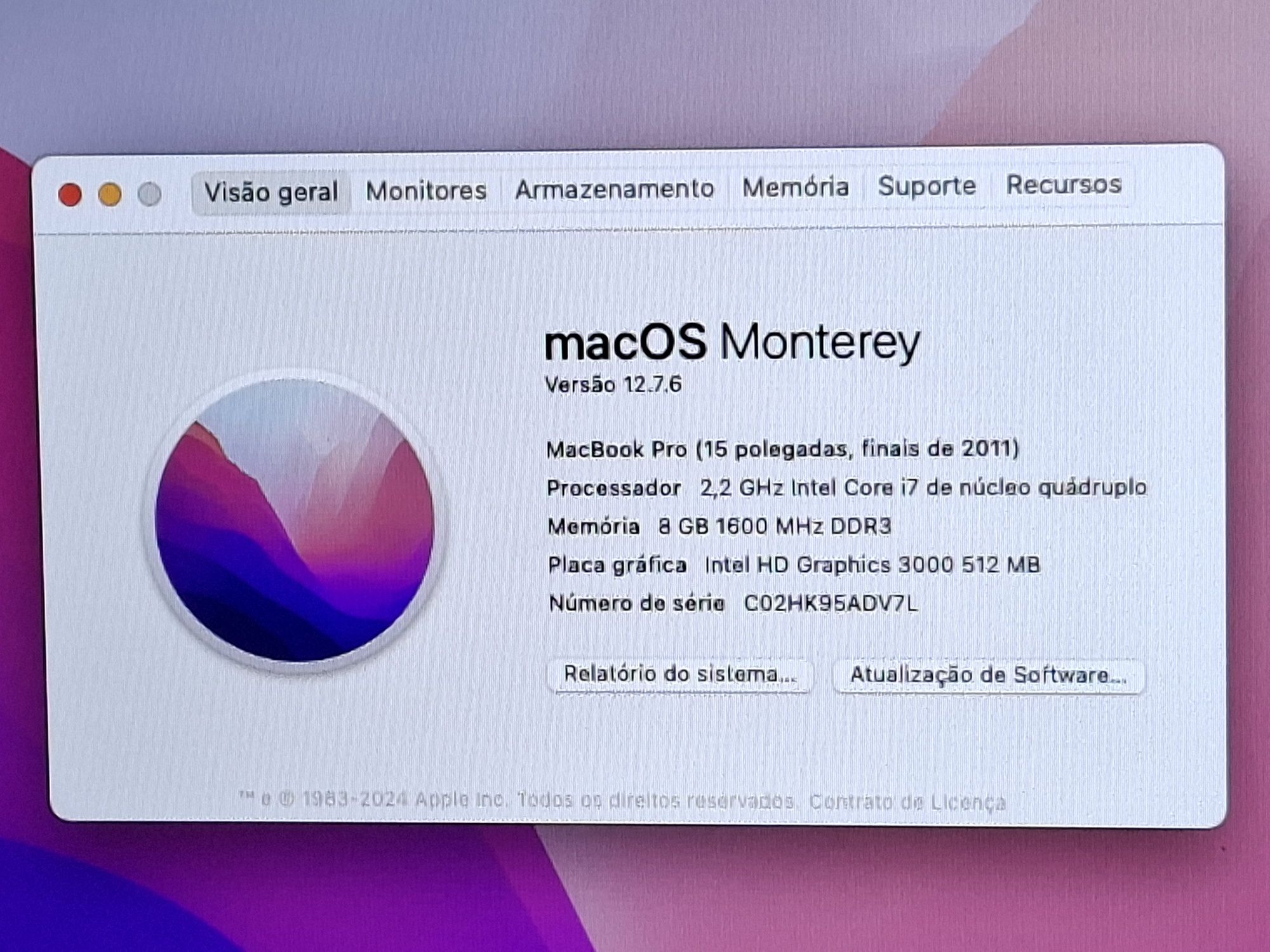 MacBook Pro Core i7 MacOS Monterey| SSD 240G | 8 Gig RAM , Impecável