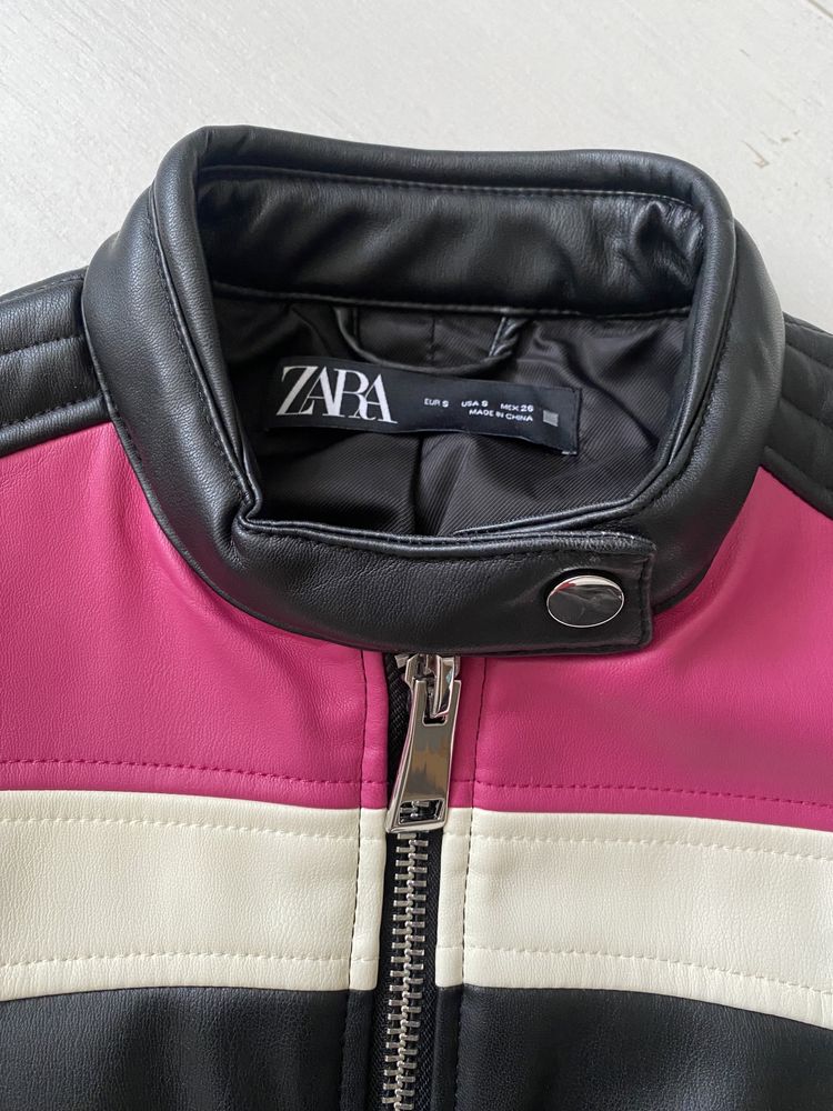 Zara nowa kurtka ze sztucznej skóry rajdowa czarna różowa S