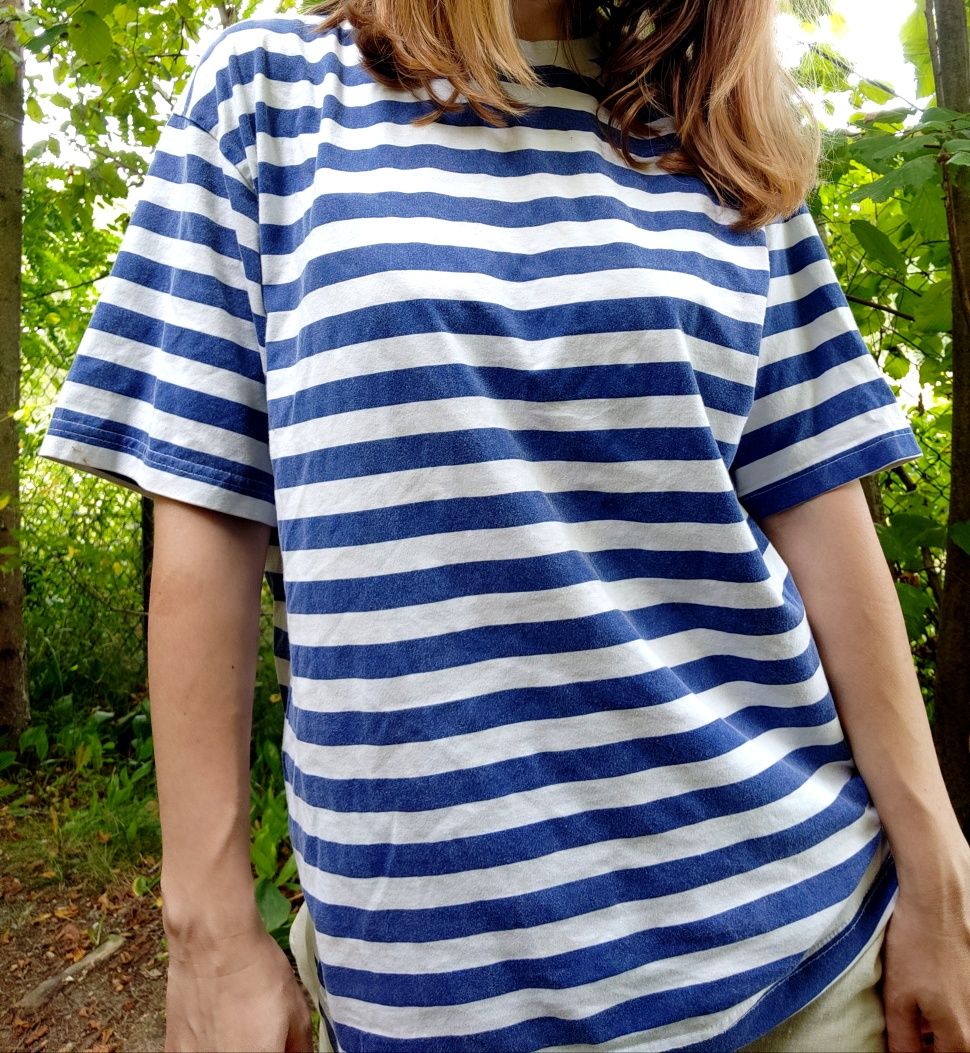 Koszulka T-shirt luźny marynarskie paski biało niebieska M L bawełnian