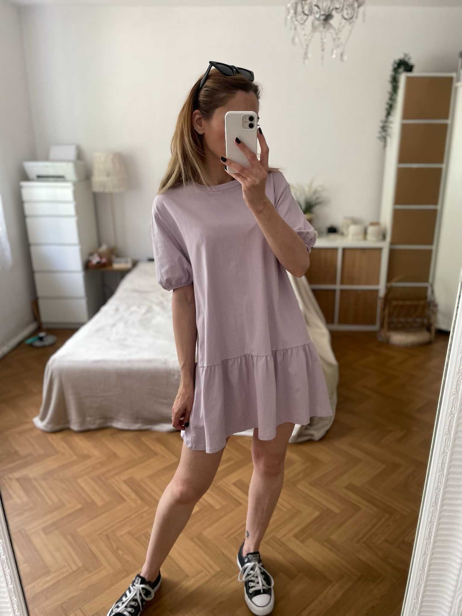 H&M sukienka wrzosowa liliowa babydoll falbana bufiaste rękawy S 36