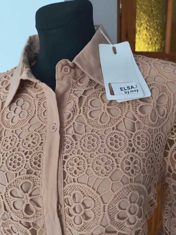 Beżowa koronkowa sukienka gipiura cappuccino r.M/L