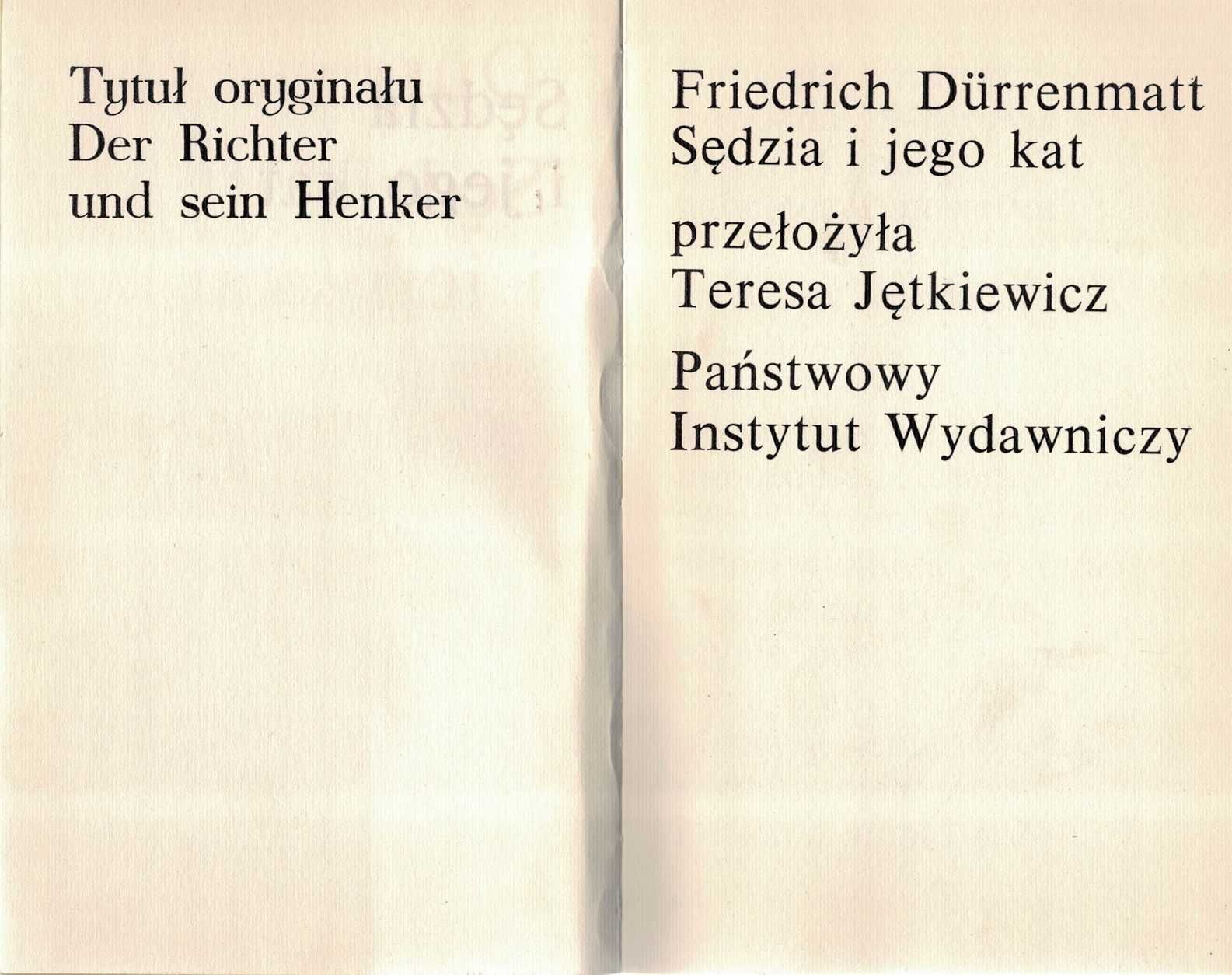 Sędzia i jego kat Friedrich Durrenmat tł. T. Jętkiewicz