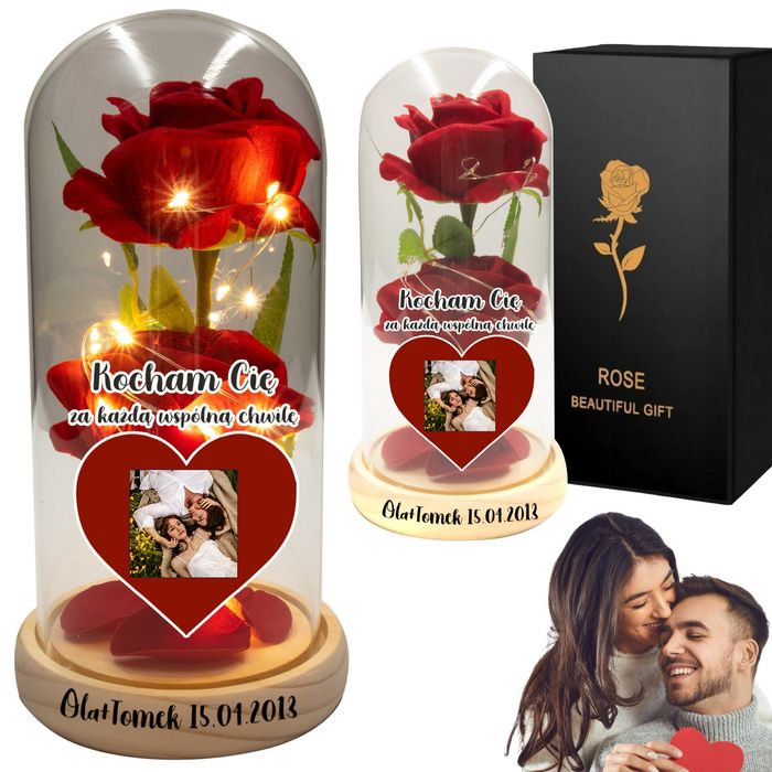 Wieczna róża drewniana twoje zdjęcie + imię na walentynki dla niej